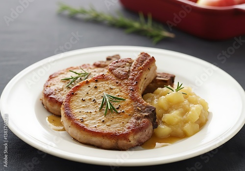 Juicy pan-seared pork chops glistening with savory herbs, served with a side of homemade applesauce on a pristine white plate, bathed in soft, warm light.
