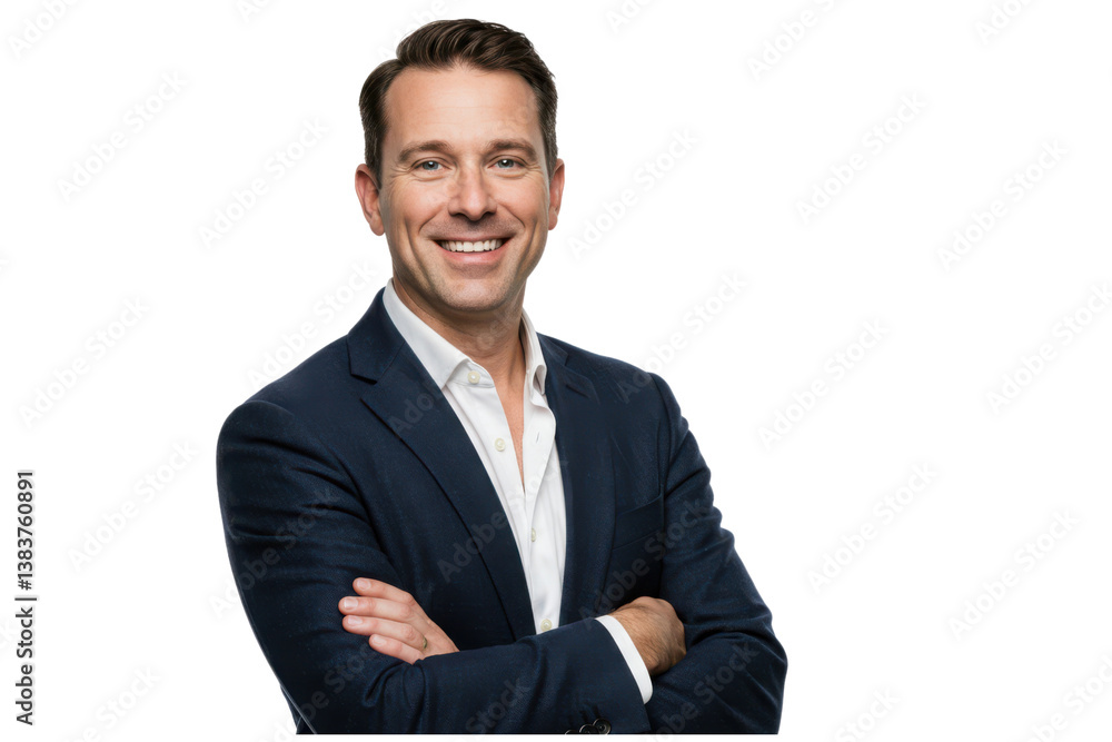 Confident man in a navy suit with crossed arms against transparent background Confident man in a navy suit with crossed arms against transparent background