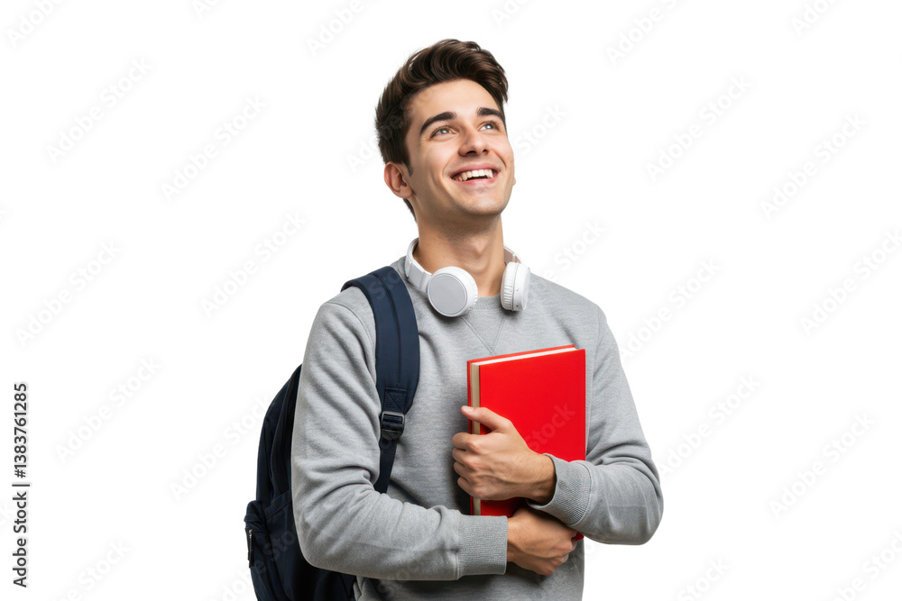 Smiling student wearing a gray sweater and carrying a backpack against transparent background Smiling student wearing a gray sweater and carrying a backpack against transparent background