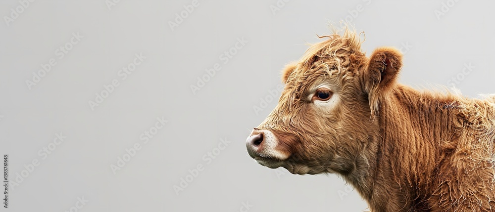 Fototapeta premium copy-space side view of a cow with a short mane on a stark white background, Generative Ai.