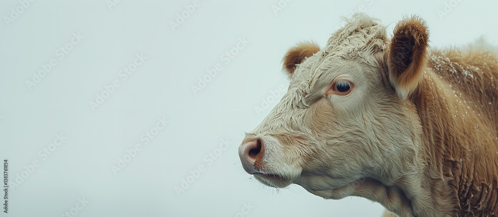 Fototapeta premium copy-space side view of a cow with a short mane on a stark white background, Generative Ai.