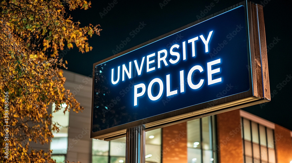 Fototapeta premium Illuminated University Police Sign at Night