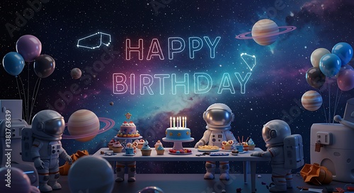 Astronauts Celebrating Birthday with Cake and Balloons in Space Galaxy Background Scene
