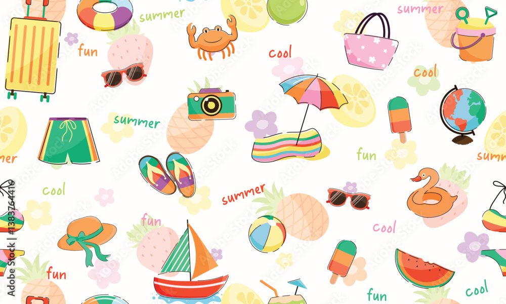 Fototapeta premium Trendy summer vacation travel seamless pattern, summer vacation, holidays, beach, flower, boat, design for fashion, fabric, textile, paper, wrapping for all print