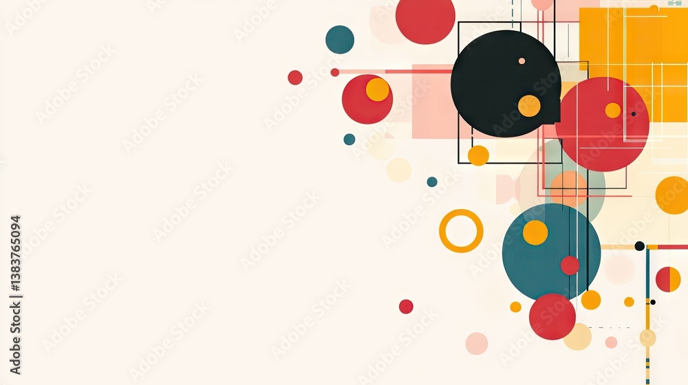 Abstract composition with circles, squares, and lines on a cream colored background Abstract composition with circles, squares, and lines on a cream colored background