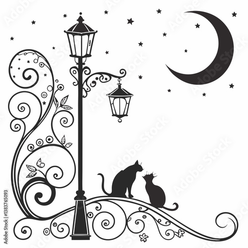 Vintage street lamp, ornate ironwork, crescent moon, starry night sky, two cats silhouette, whimsical design, black and white illustration, intricate swirls, decorative corner piece