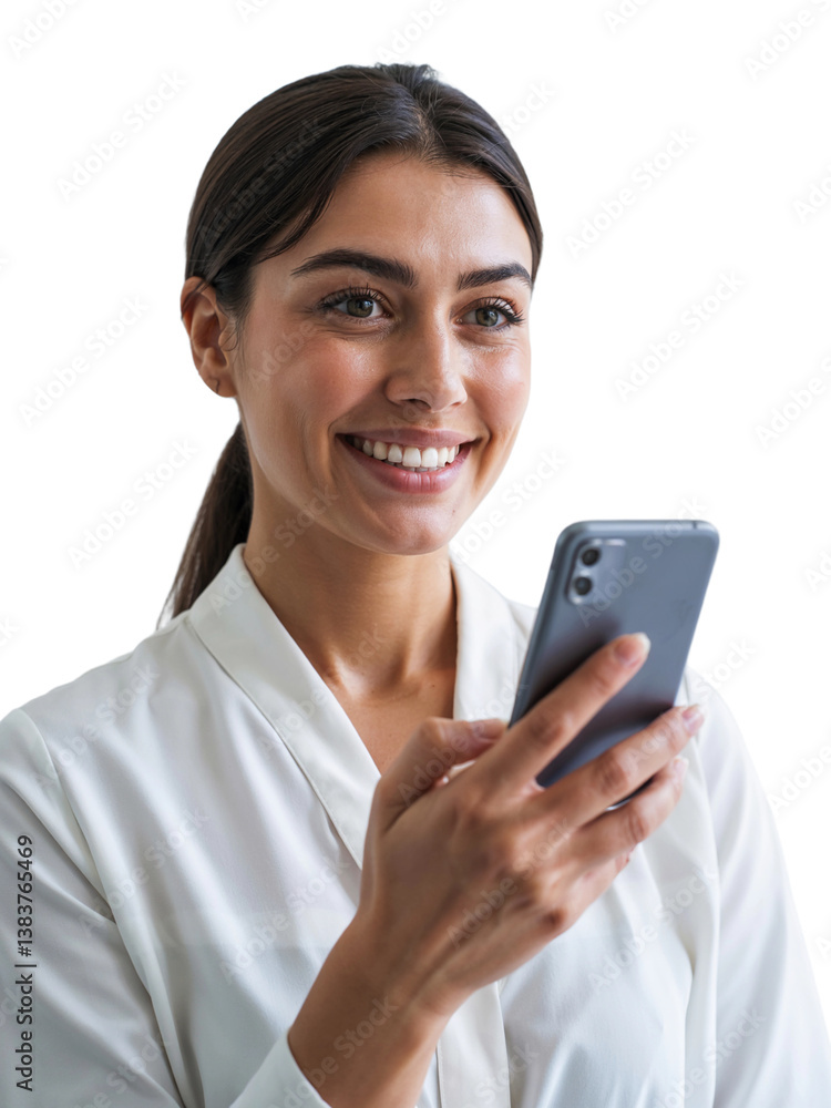 Smiling woman in white shirt uses smartphone while engaging with digital content Smiling woman in white shirt uses smartphone while engaging with digital content
