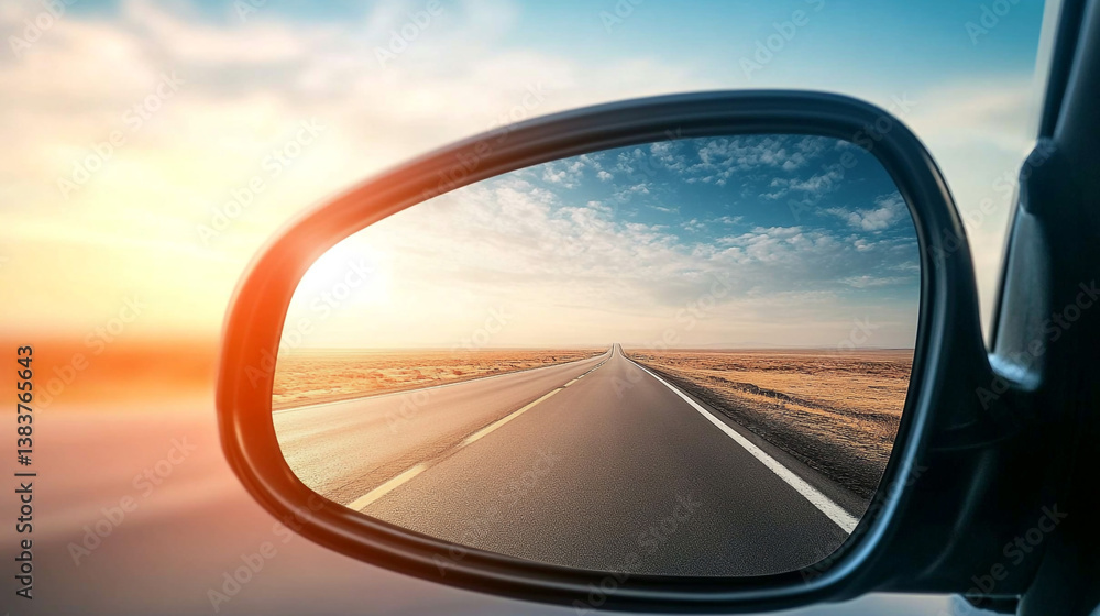 Fototapeta premium Open Road Sunset View from Car Side Mirror
