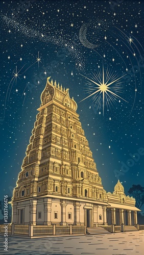 Celestial Radiance A Grand South Indian Gopuram Illuminated in Golden Glory Beneath a Starry Sky