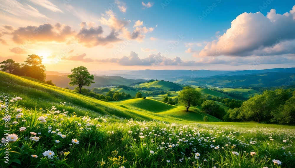 Fototapeta premium Rolling Green Hills Landscape With Wildflowers Under A Vibrant Sunset Sky Panorama