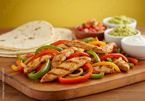 Sizzling chicken fajitas with vibrant bell peppers and onions, served with warm tortillas, guacamole, salsa, and sour cream; a fiesta for the senses on a rustic wooden board.