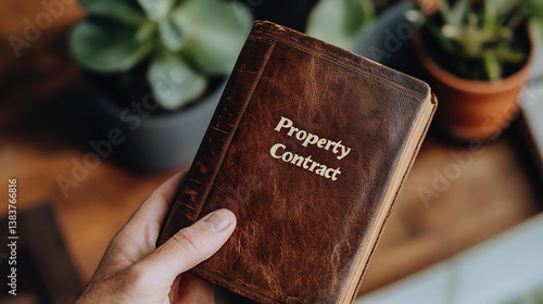 Real Estate Property Contract Book  Leather Bound  Legal Document  Hand Holding