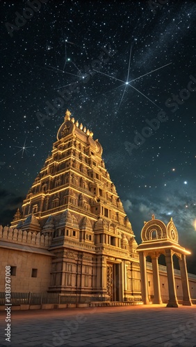Celestial Radiance A Grand South Indian Gopuram Illuminated in Golden Glory Beneath a Starry Sky