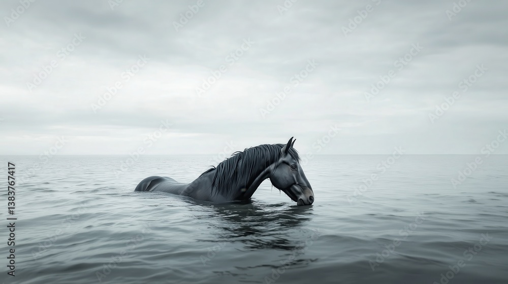 Fototapeta premium A lone horse glides through the open sea, its head held high above the waves, embodying strength and quiet grace beneath a brooding, overcast sky.