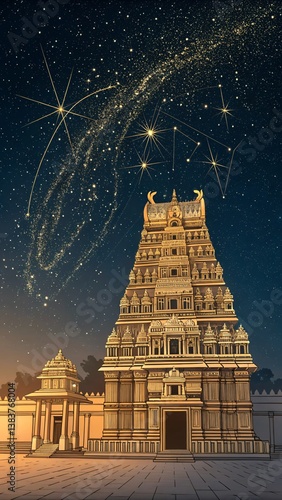 Celestial Radiance A Grand South Indian Gopuram Illuminated in Golden Glory Beneath a Starry Sky