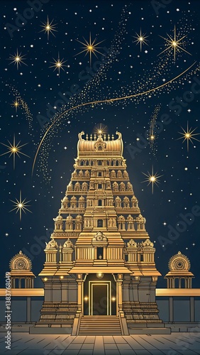 Celestial Radiance A Grand South Indian Gopuram Illuminated in Golden Glory Beneath a Starry Sky