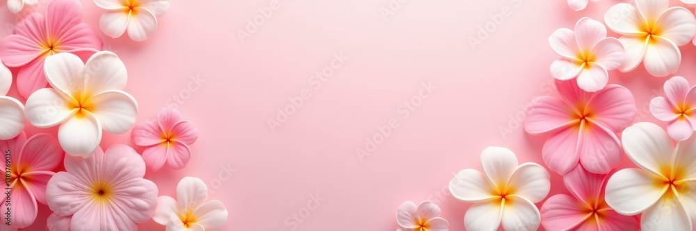 Fototapeta premium An enchanting arrangement of pink and white flowers on a soft pink background, perfect for spring themes, invitations, or floral designs.