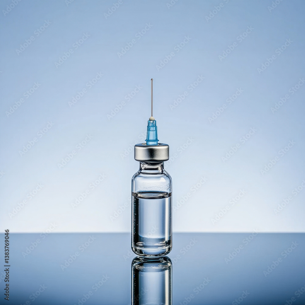 Sterile Glass Vial with Needle on Reflective Surface Sterile Glass Vial with Needle on Reflective Surface