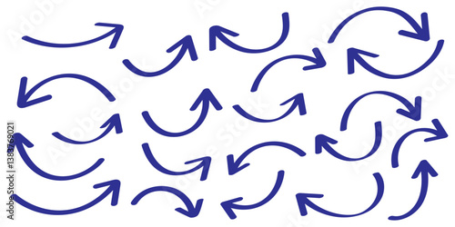 Blue Bold brush drawn arrows. Set of Blue Hand drawn vector arrows doodle. Hand drawn blue grunge bent arrow pointing upwards, bold brush stroke. Blue hand drawn brush arrow icon vector set.