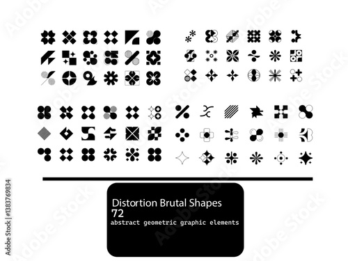 72 Postmodern abstract geometric graphic elements, Refraction and distortion glass effect various form, Brutalist vector shapes, trendy retro design symbols in Y2K aesthetics, vintage stickers.