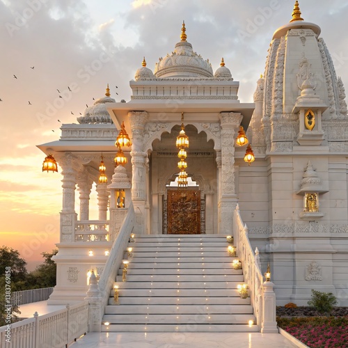 Ethereal Sanctum A Majestic White Marble Hindu Temple Bathed in Golden Light and Sacred Serenity