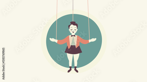 Marionette vintage performer in flat style on circle background
