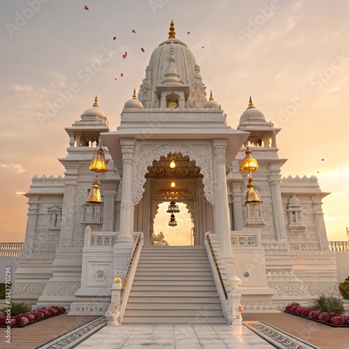 Ethereal Sanctum A Majestic White Marble Hindu Temple Bathed in Golden Light and Sacred Serenity