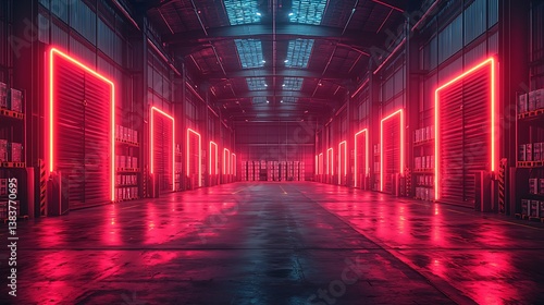 A futuristic logistics warehouse with autonomous AI-powered drones and robotic arms sorting parcels, advanced inventory systems visible, neon lighting accents