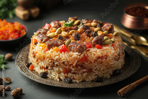 Middle Eastern Pilaf – Aromatic Rice with Seasoned Meat, Dried Fruits, and Crunchy Nuts