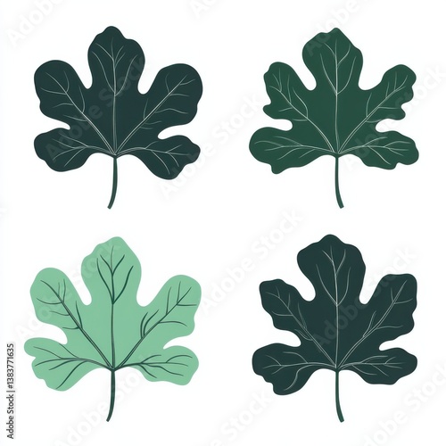 Stylized vector illustration of four fig leaves in a modern collage design showcasing distinct shapes and colors