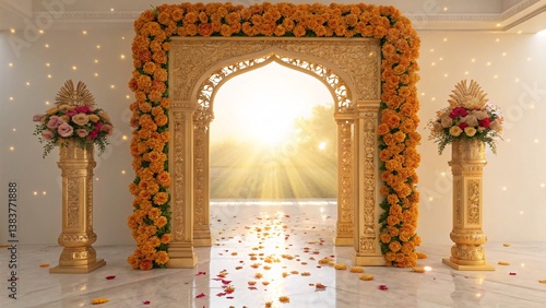 Golden Gateway of Divinity A Radiant Portal Adorned with Floral Splendor and Celestial Light