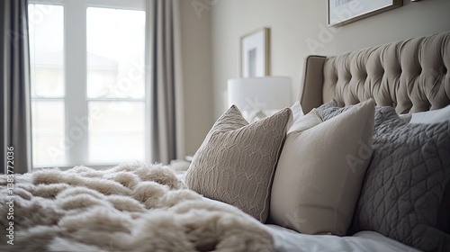 Sophisticated bedroom design with subtle contrast in textures, modern accessories, and warm inviting colors -