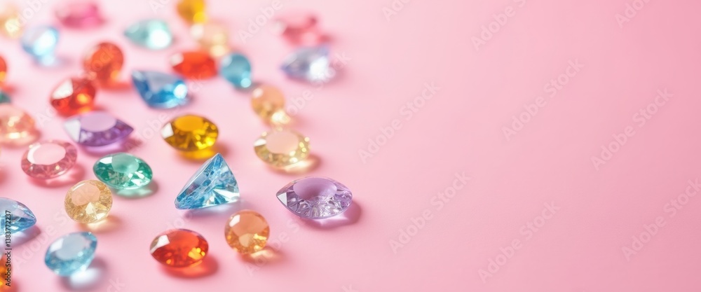 A vibrant collection of colorful gemstones scattered on a soft pink background, perfect for designs and creative projects. A vibrant collection of colorful gemstones scattered on a soft pink background, perfect for designs and creative projects.