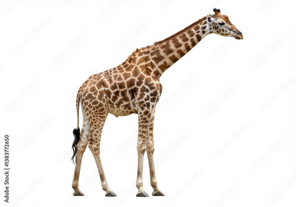 Naklejka premium Photorealistic Giraffe in Side View Detailed Texture and Golden-Brown Patterns on White Background