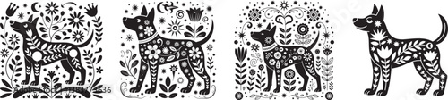 Dog silhouette  floral patterns folk art style nature motifs whimsical decorative botanical elements
