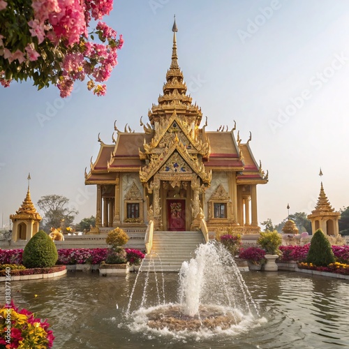 Opulent Golden Thai Temple A Regal Display of Elegance with Cascading Water and Floral Adornments