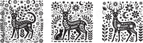 Deer silhouette floral patterns folk art style nature motifs whimsical decorative botanical elements