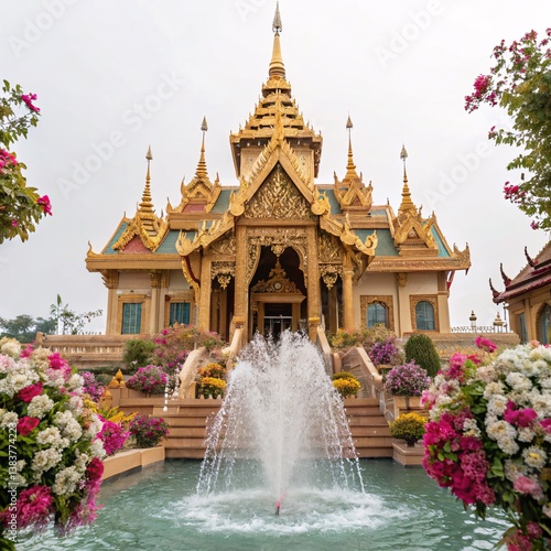 Opulent Golden Thai Temple A Regal Display of Elegance with Cascading Water and Floral Adornments