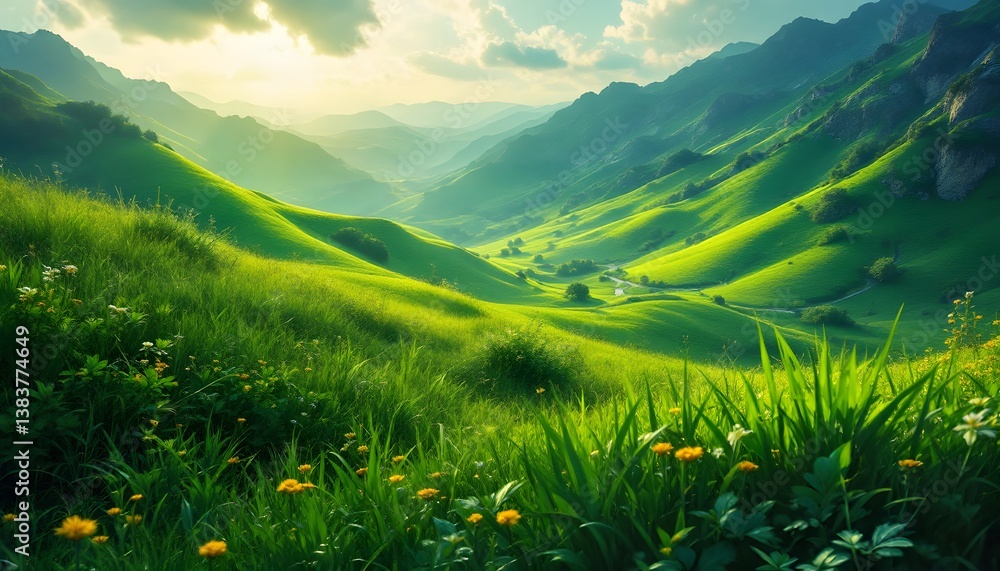 Fototapeta premium Lush Green Mountain Valley Landscape With Wildflowers And Sunlight Streaming Through The Clouds