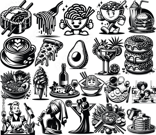 Black-and-White Vector Art of Food, Drinks, and Lively Scenes Adobe Illustrator Artwork
