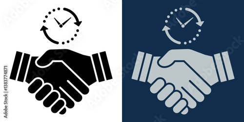 Business handshake and time management concept. Agreement, deal, cooperation, and deadline icon. Black and white handshake with clock symbolizing efficiency, punctuality, and partnership in business.