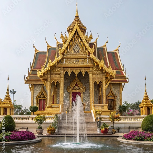 Opulent Golden Thai Temple A Regal Display of Elegance with Cascading Water and Floral Adornments