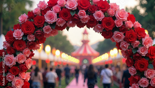 Floral arch adorned with roses at Rose Festival, festive celebration