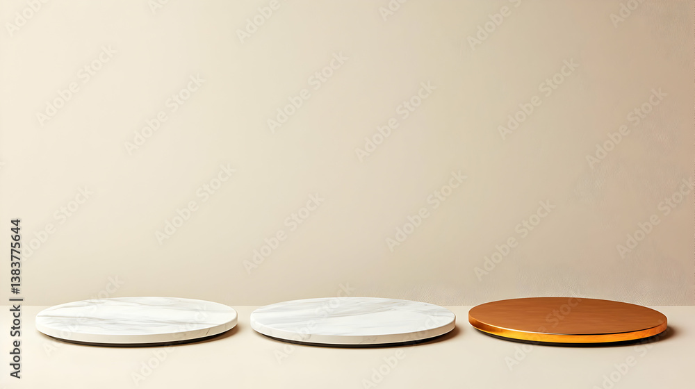 Three Round Marble And Gold Podiums On Beige Background Three Round Marble And Gold Podiums On Beige Background
