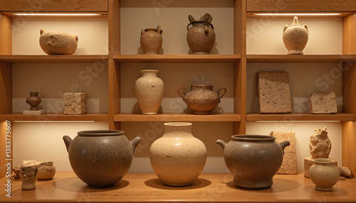Ancient pottery and artifacts displayed in museum shelves, cultural preservation