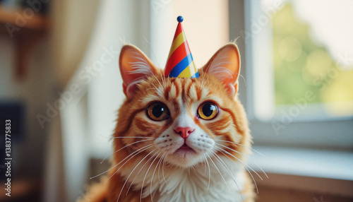 Unimpressed cat wearing a tiny party hat at home, humor and pets