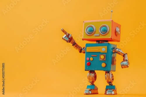 Positive cute robot pointing at a space. Copy space.
