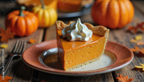 Delicious pumpkin pie slice with whipped cream on rustic table, Thanksgiving