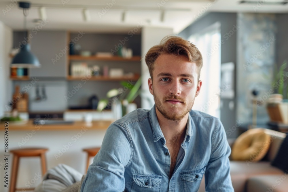 Fototapeta premium Portrait of a young Caucasian man in a modern home