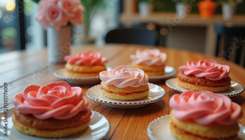 Delicate rose-shaped pastries displayed on wooden table, creative celebration